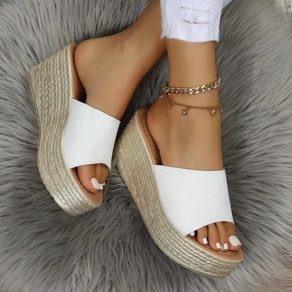 . Shoes - White Boho Women's Vacation Litchi Embossed Wedge Slide Sandals